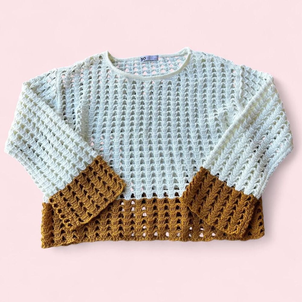 White and brown crochet sweater